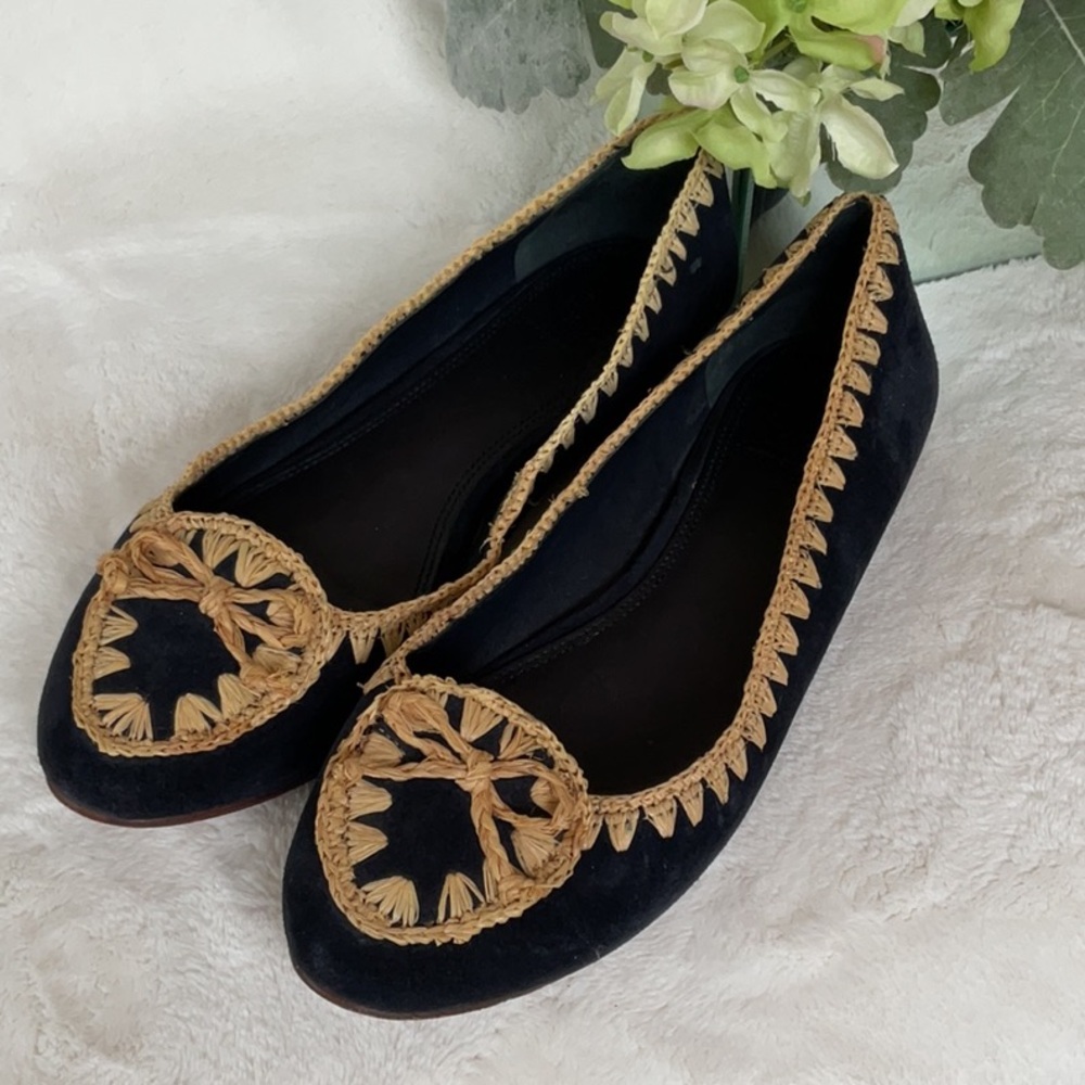 Tory Burch Navy Raffia Trim Flats